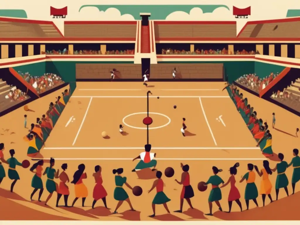 Ilustración detallada de un juego de pelota mesoamericano con jugadores, espectadores y ritualidad cultural.