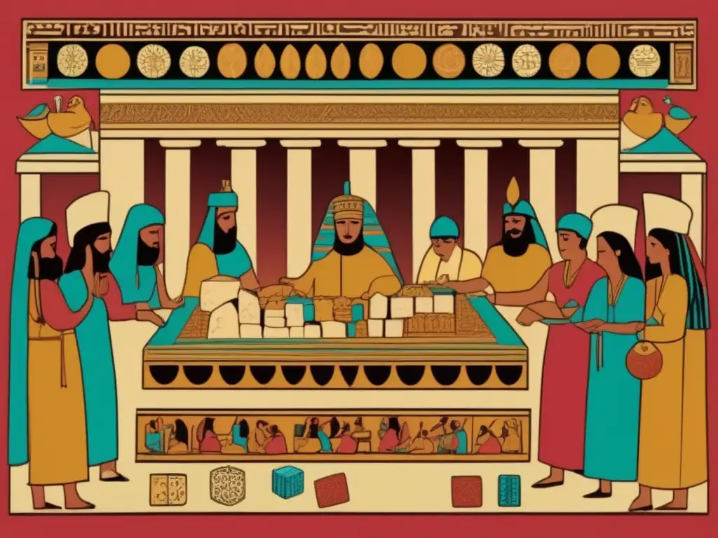 Ilustración detallada de mercado bullicioso en la antigua Mesopotamia. <b>La sacerdotisa rueda dados decorados mientras la gente observa con reverencia.</b> <b>Colores vibrantes y precisión histórica.</b> <b>Influencia de los juegos de suerte en la religión.