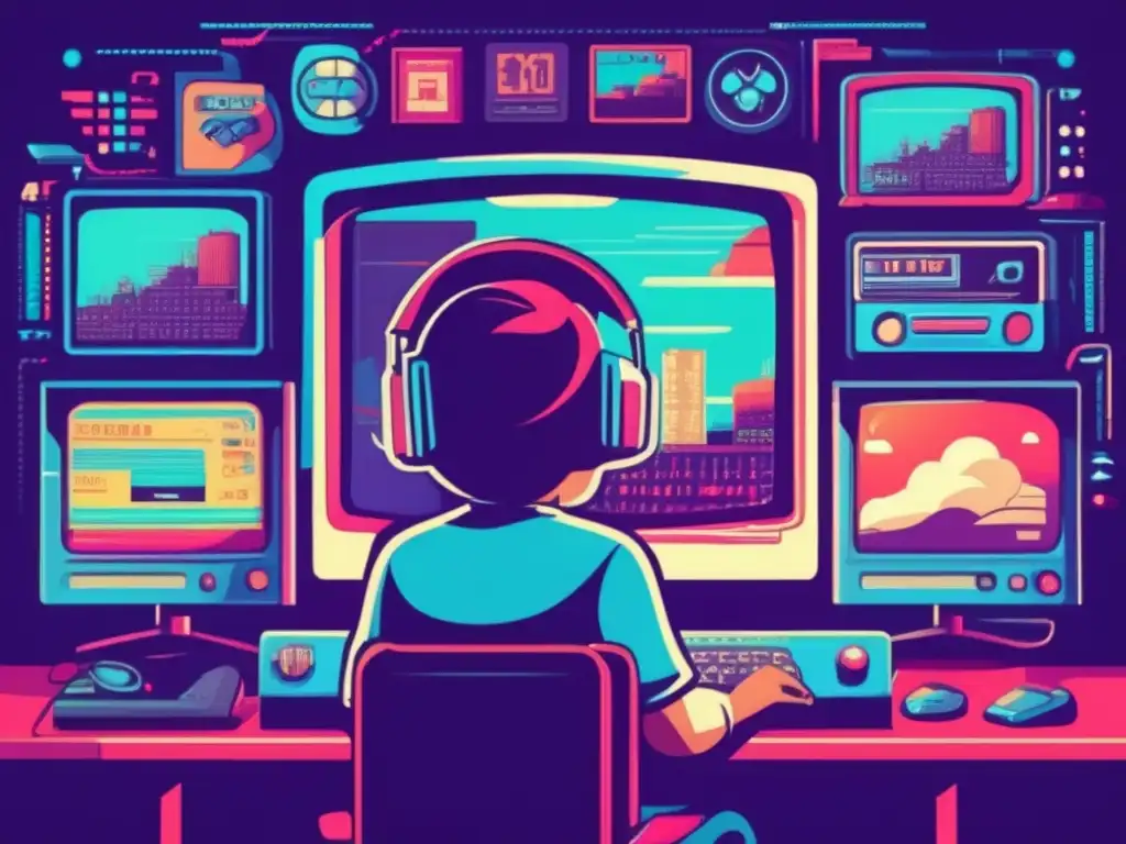 Un ilustración detallada y nostálgica muestra la evolución de interfaces de usuario en videojuegos. <b>Un gamer concentradovintage y elementos icónicos rodean la escena.
