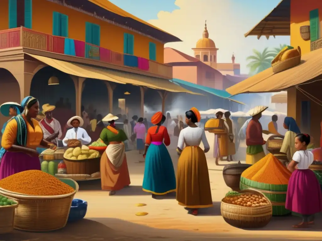 Una detallada pintura colonial muestra un bullicioso mercado con vendedores, gente y coloridos edificios. <b>Origen y simbología de lotería colonial.