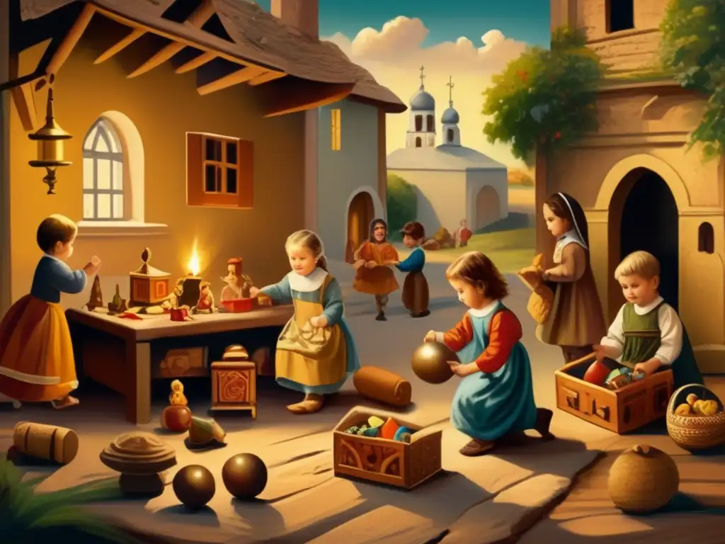 Detallada pintura vintage de niños jugando con juegos simbólicos iconografía cristiana en un ambiente cálido y nostálgico.