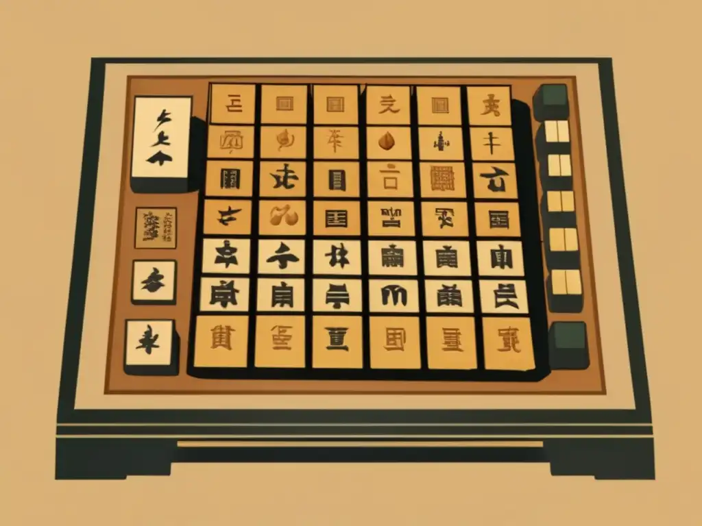 Una detallada ilustración vintage de un tablero y piezas de shogi, con cálidos colores y detalles intrincados. El juego exuda historia y elegancia, capturando la esencia de la comparativa Shogi vs Ajedrez.