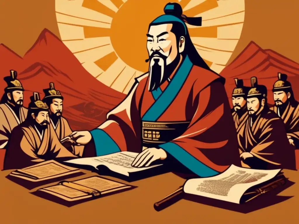 Ilustración detallada de Sun Tzu en consejo de guerra estratégico con asesores militares chinos y mapas. <b>Evoca influencia atemporal en videojuegos.