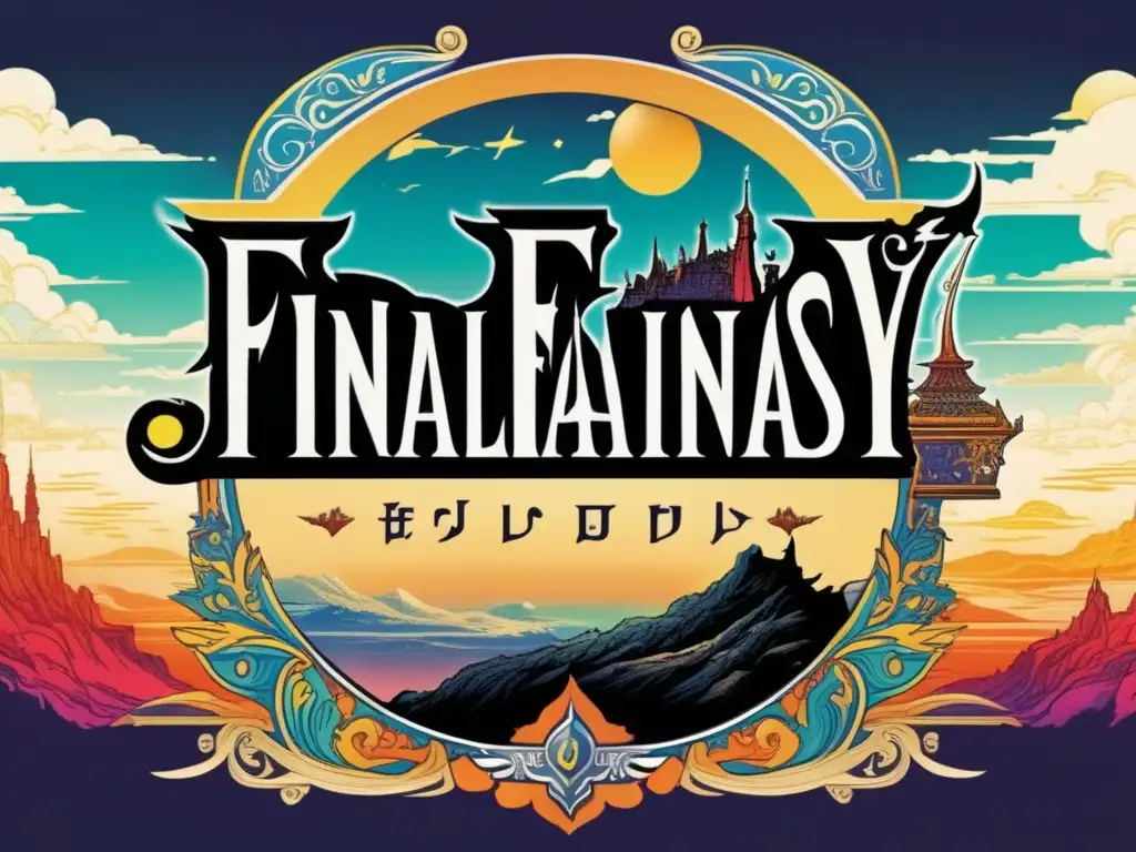 Ilustración detallada y vintage del icónico logo de Final Fantasy, con caligrafía elaborada y paisaje fantástico. <b>Evolución narrativa en Final Fantasy.