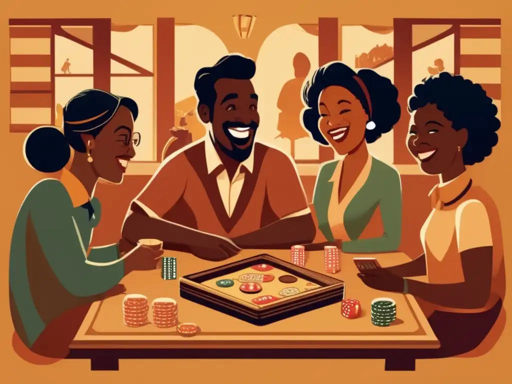 Un ilustración detallada y vintage de personas diversas disfrutando juntas de juegos de mesa, reflejando el impacto cultural de los juegos.