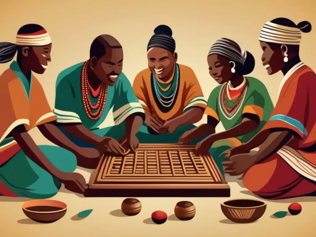 Ilustración detallada vintage de personas Kikuyu jugando Giuthi, un juego tradicional. <b>Refleja la rica tradición y el significado cultural de Giuthi.