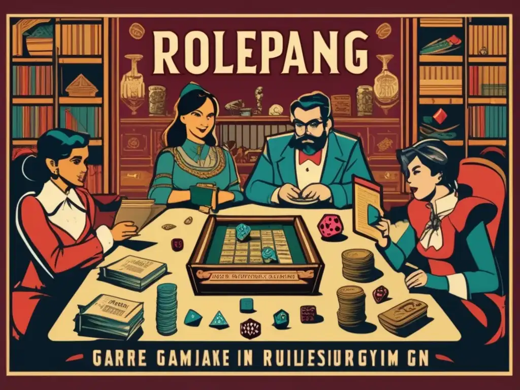 Un detallado cartel vintage muestra un juego de rol de mesa con personajes ilustrativos, dados y libros. <b>Evoca la esencia de la cultura del rol.
