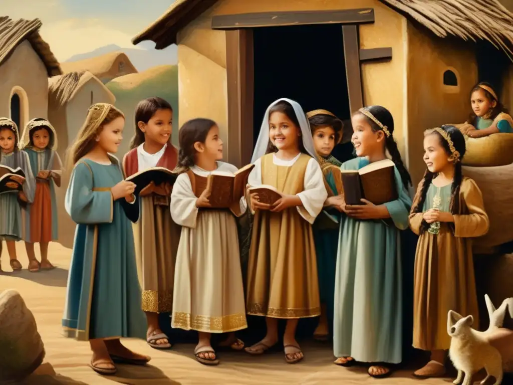 Un detallado cuadro vintage de niños reenactando una escena bíblica, con juegos simbólicos iconografía cristiana, en una aldea rústica.