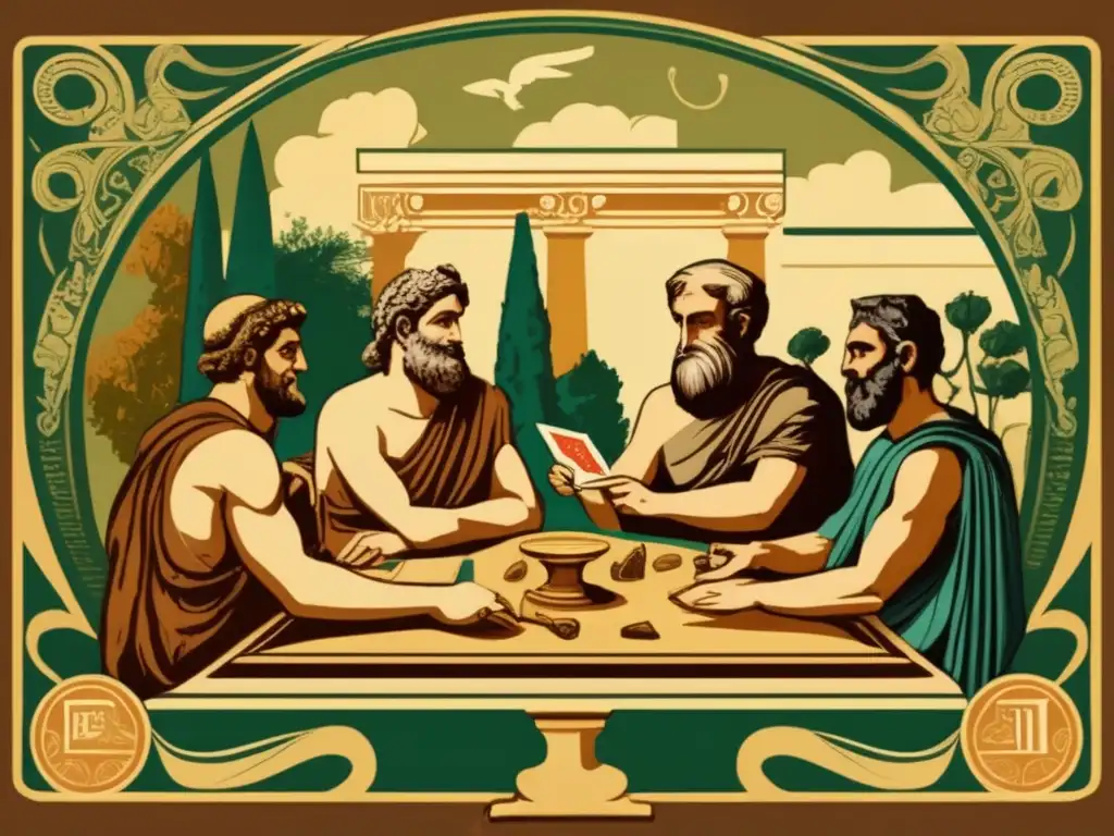 Un detallado dibujo vintage de eruditos griegos jugando a las cartas en un entorno clásico, evocando historia y sabiduría. <b>Simbolismo juegos cartas literatura clásica.