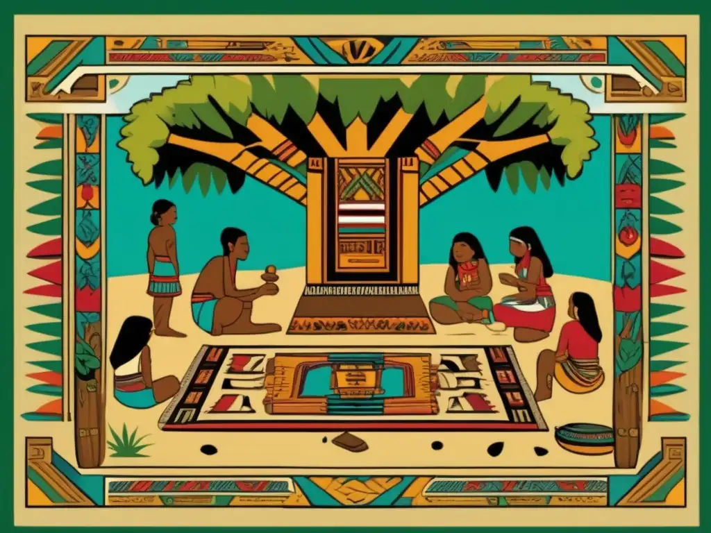 Un detallado dibujo vintage de un grupo de aztecas jugando patolli bajo la sombra de un gran árbol. Los detalles intrincados de sus ropas tradicionales, los colores vibrantes de los textiles y las expresiones de concentración en sus rostros están capturados con asombrosa realismo