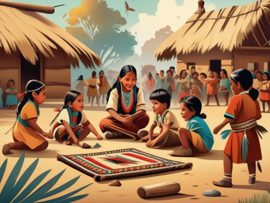 Un detallado dibujo vintage en 8k muestra a niños nativos americanos jugando un juego tradicional en la plaza del pueblo, destacando el significado del juego en el nuevo mundo.