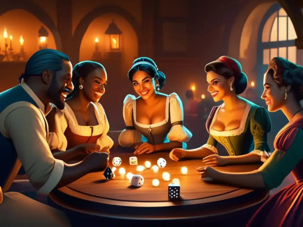 Un detallado juego de dados en América colonial: colonos reunidos alrededor de una mesa de madera iluminada por velas, con expresiones emocionadas.