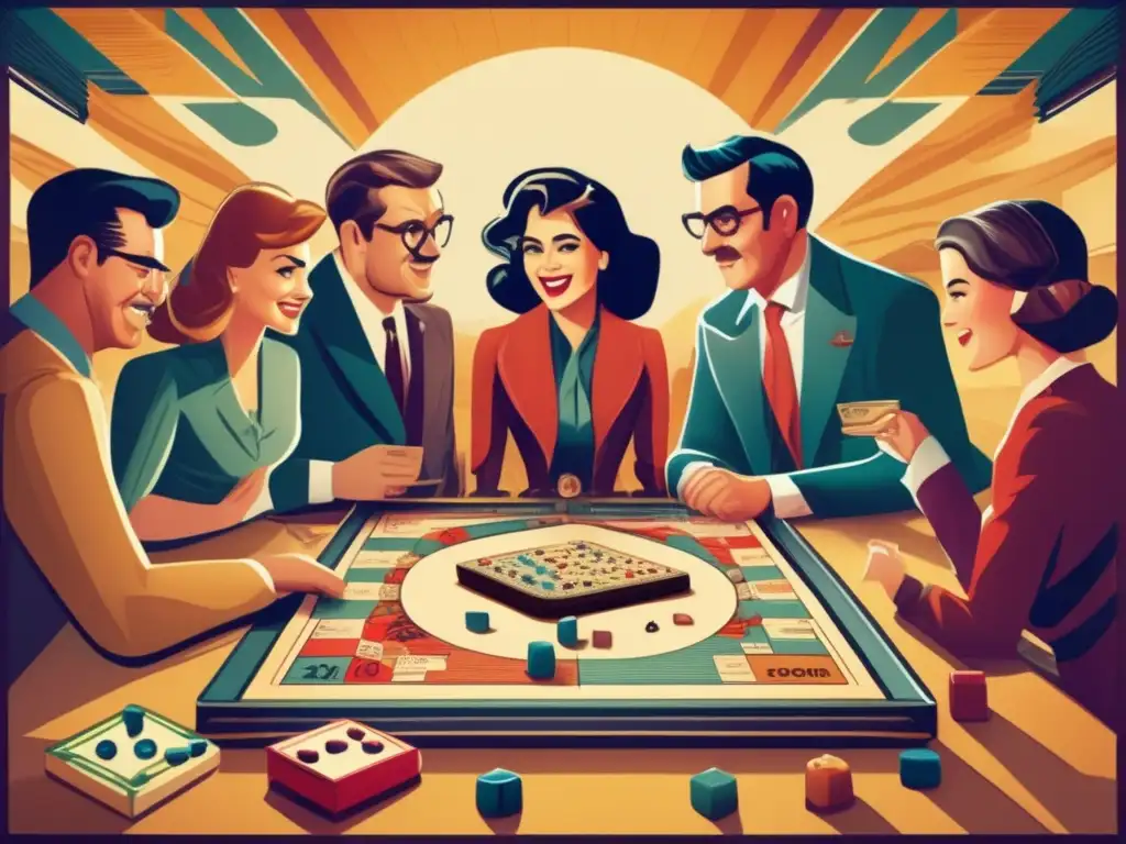 Un detallado juego de mesa vintage de simuladores socioeconómicos macroeconomía juegos. <b>Concentración y emoción en las expresiones de los jugadores.
