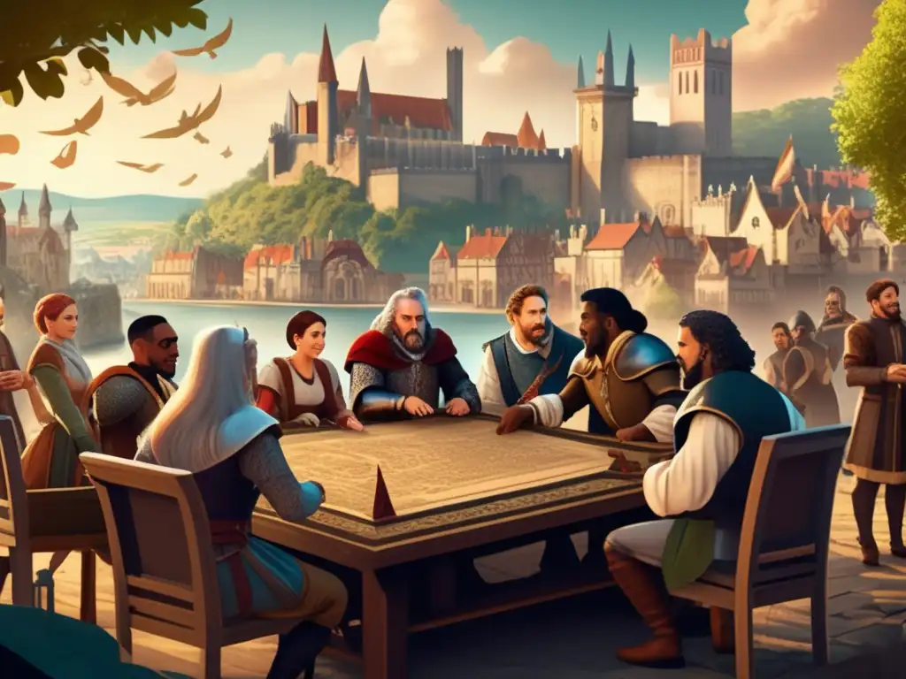Un detallado juego de rol político en una ciudad medieval, reflejo político en juegos de rol.