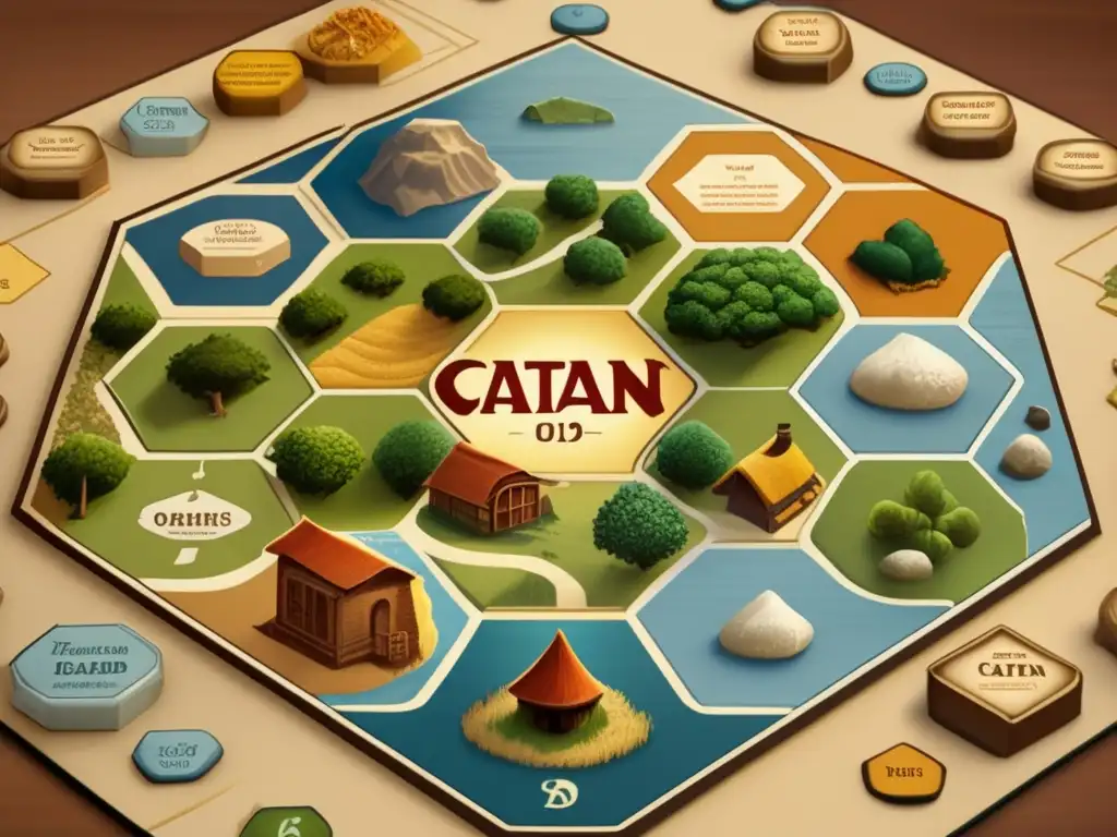 Un detallado tablero vintage de Catan con recursos y asentamientos evoca nostalgia y comercio. <b>Paralelismos entre Catan y economía.