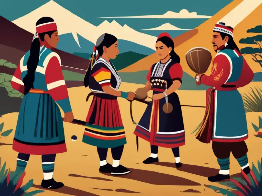 Un detallado y vibrante dibujo en 8k de mapuches jugando el ancestral juego mapuche la chueca, con la hermosa naturaleza chilena de fondo.