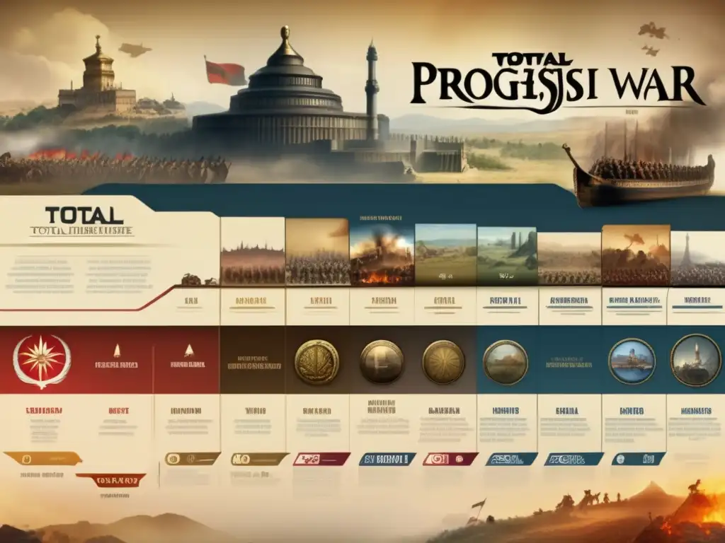 Un detallado y vintage gráfico de evolución del juego estrategia Total War, con lanzamientos clave y cambios en mecánicas de juego.