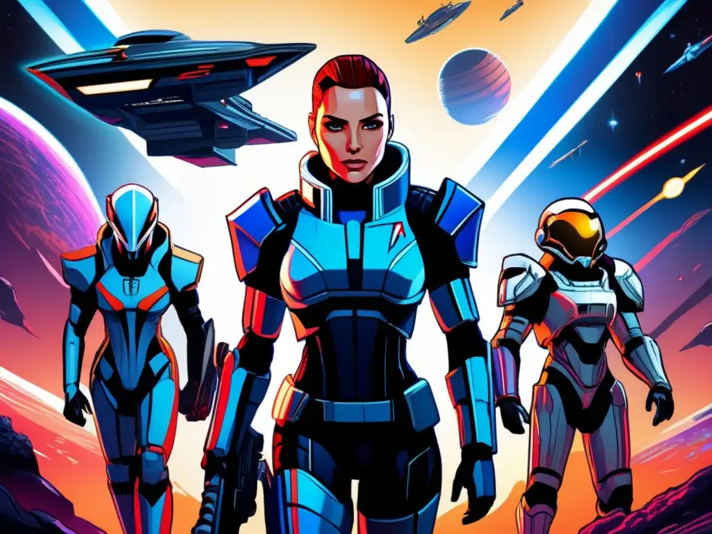 Un detallado póster vintage de Mass Effect en 8k, con escenas icónicas y personajes vibrantes. <b>La influencia de Mass Effect se siente en cada detalle.