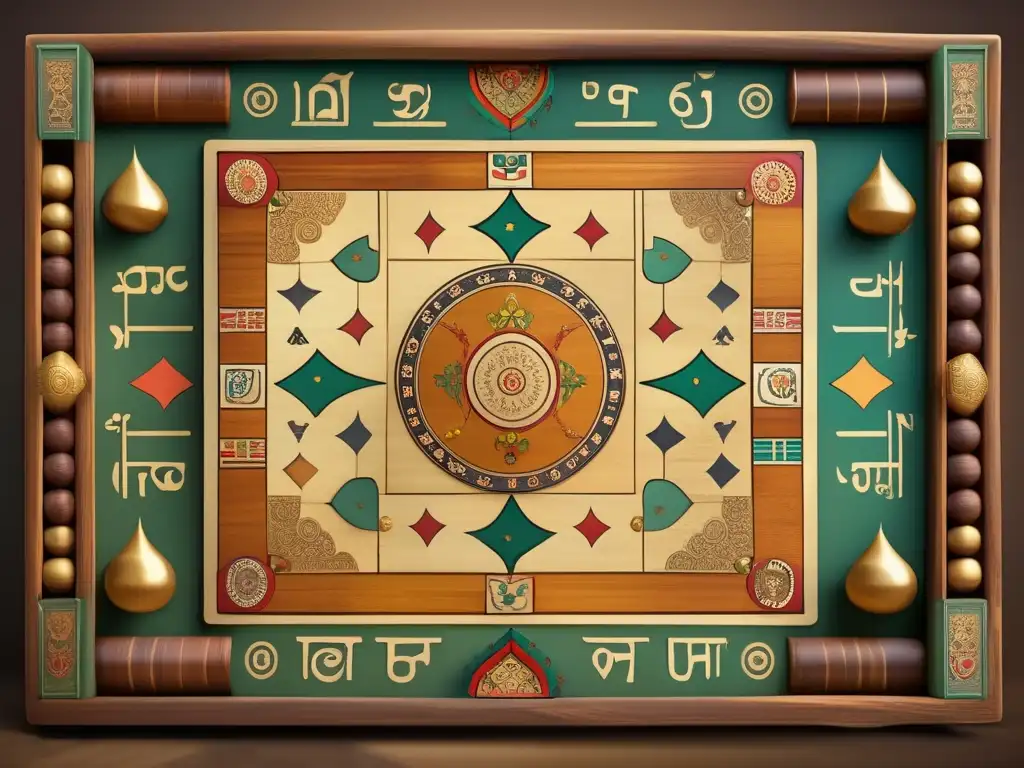 Detalle de tablero de Gyan Chauper, representación del karma en la tradición india. <b>Patrones y colores vibrantes en madera envejecida.