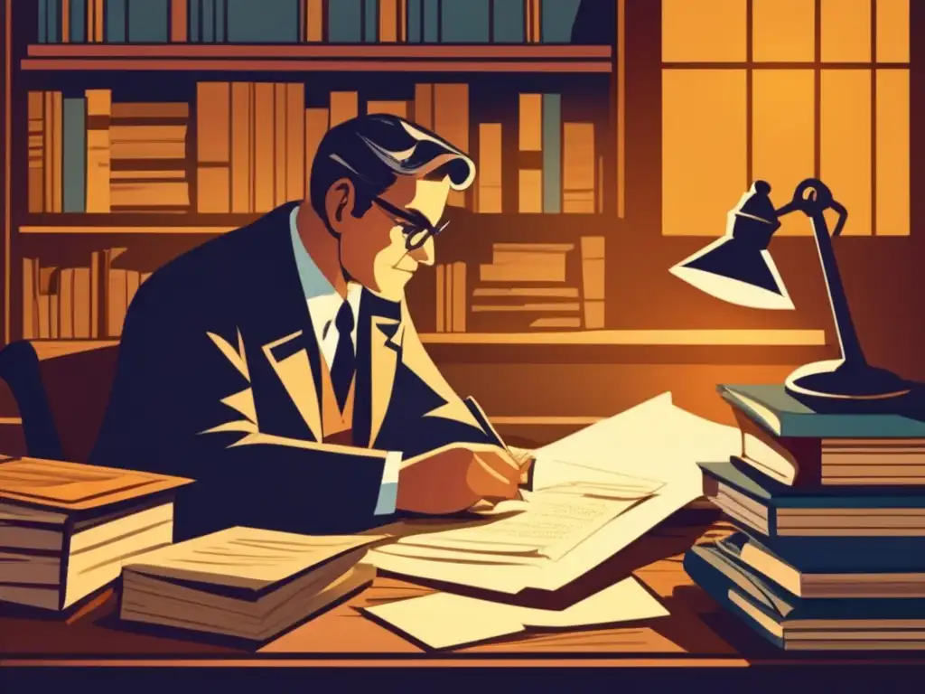 Un detective de época resuelve un enigma en su escritorio, rodeado de libros y papeles en un ambiente misterioso de juegos de lógica detectivesca.