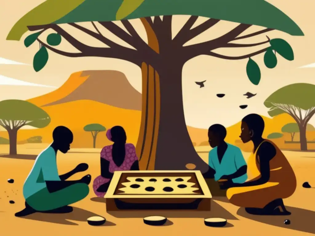 Un día soleado en una aldea africana, gente jugando Mancala bajo un baobab centenario. <b>Origen y reglas del juego Mancala.