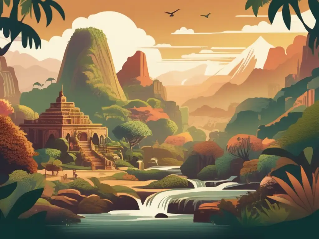 Maravilloso mundo generado en tiempo real: ilustración digital con paisajes exuberantes y ruinas antiguas Una ilustración digital de estilo vintage muestra un mundo generado procedimentalmente con exuberantes paisajes, montañas imponentes, cascadas y complejos sistemas de cuevas. <b>La escena rebosa de flora y fauna diversa, mientras ruinas antiguas asoman entre la vegetación exuberante, insinuando una rica