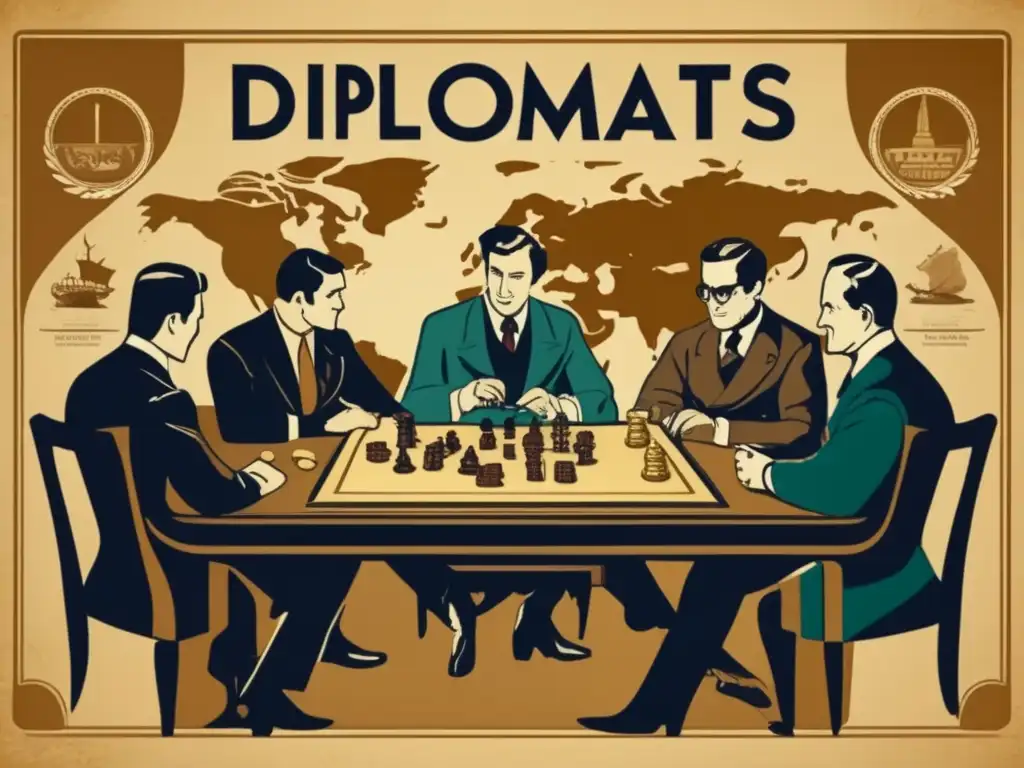 Diplomáticos en una apasionante partida de estrategia, rodeados de un ambiente nostálgico y sofisticado. <b>Un mapa mundial añade un toque histórico.