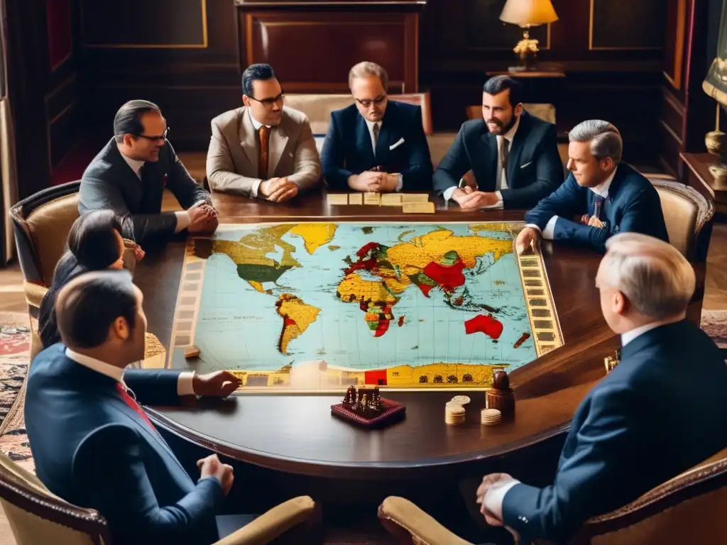 Diplomáticos juegan a un juego de simulación de relaciones internacionales en una atmósfera sofisticada y nostálgica de mediados del siglo XX.