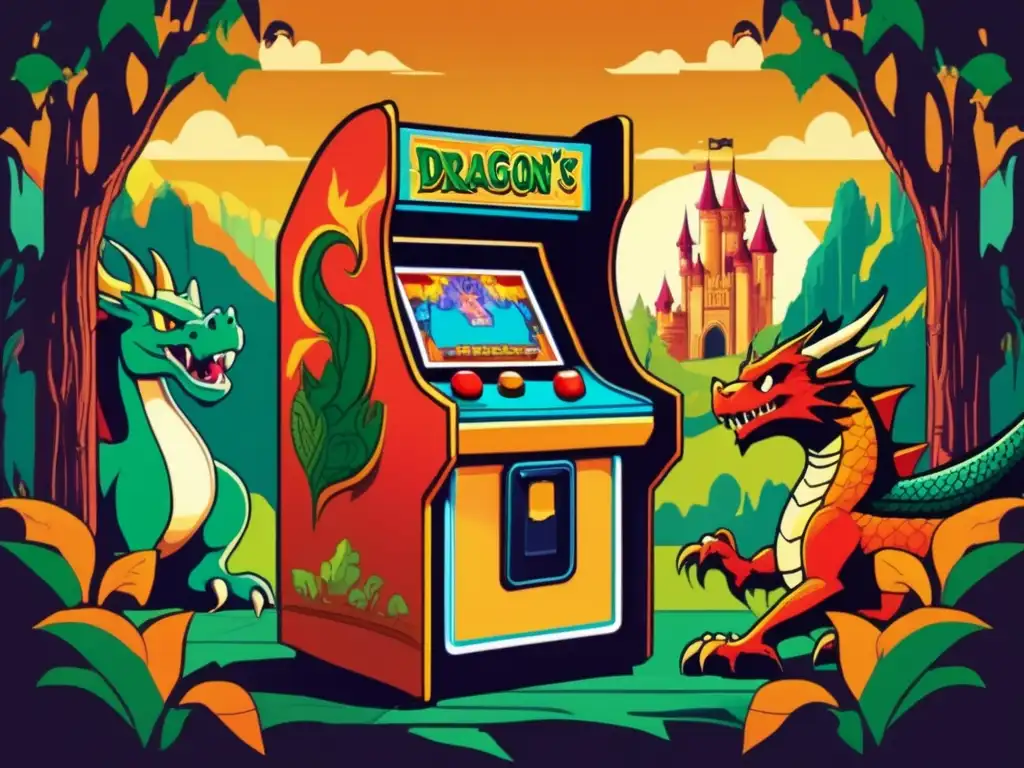 Ilustración vintage de Dragon's Lair con Dirk the Daring enfrentando a un dragón en un castillo detallado. <b>Origen y impacto cultural de Dragon's Lair.