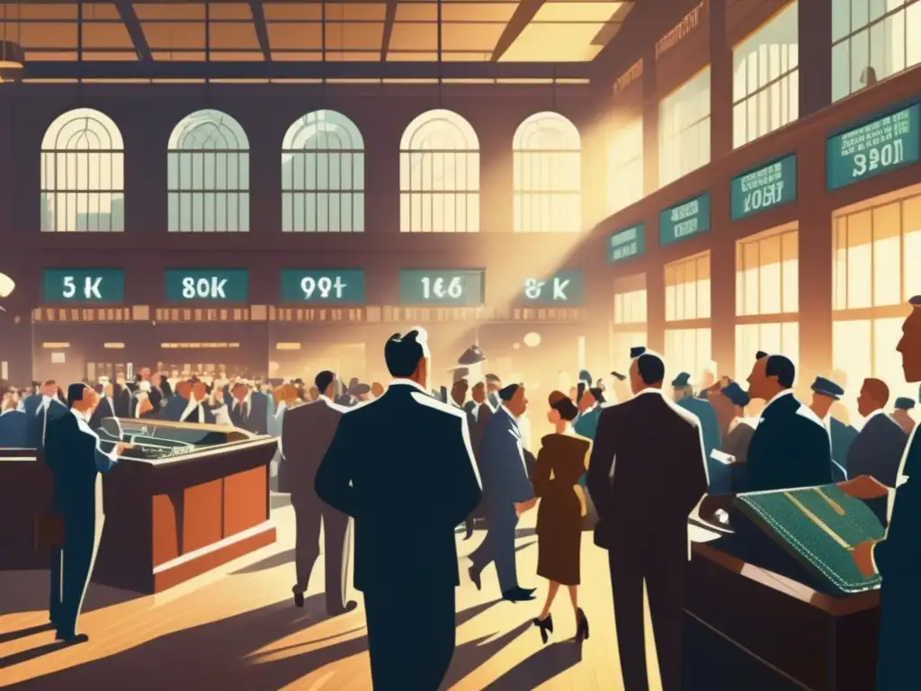 Simulación económica para comprender mercados: Ilustración detallada de una bulliciosa bolsa de valores del siglo XX, llena de traders.