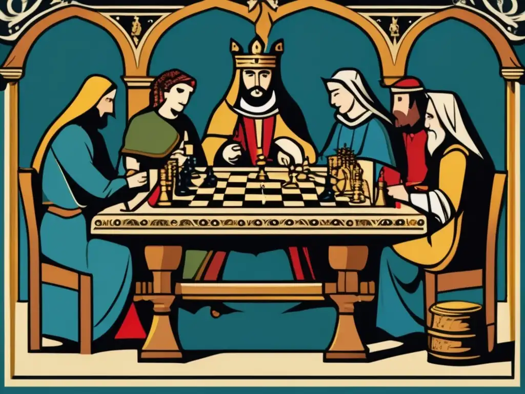 En la Edad Media, nobles y plebeyos disfrutan de juegos de mesa en un banquete, reflejando la vida social de la época.