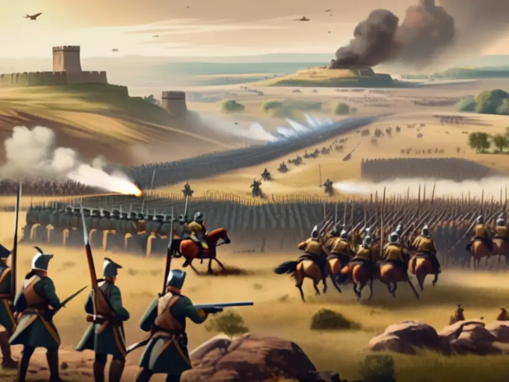 Ilustración vintage de dos ejércitos en un campo de batalla, evocando tensión y equilibrio estratégico. <b>Importancia del balance en juegos.