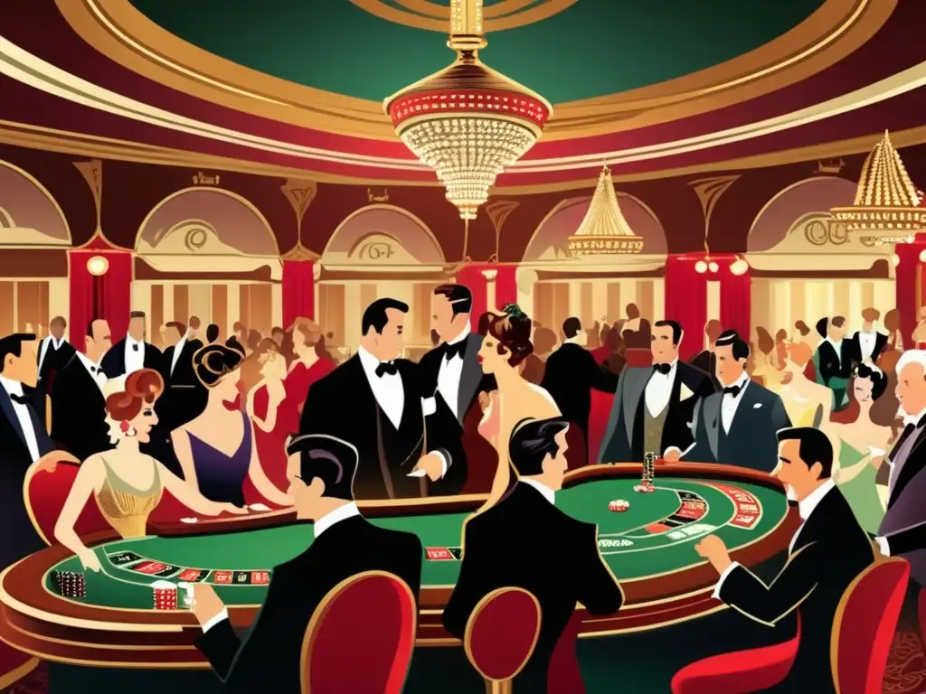 Un elegante casino de la década de 1900, con juegos de azar y una opulenta decoración, evocando la historia económica de los juegos de azar.