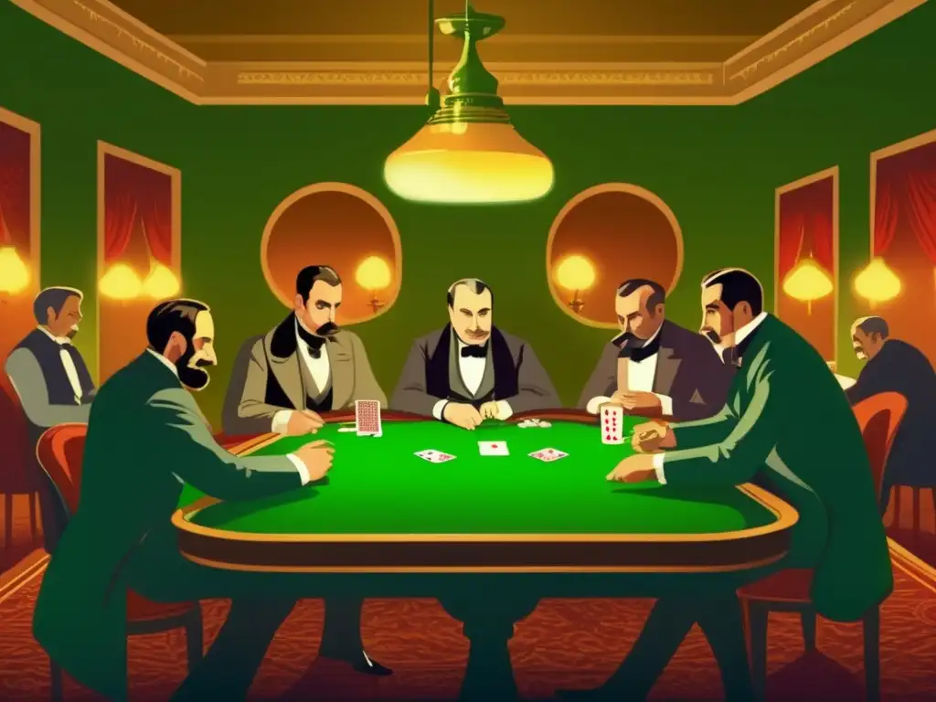 En el elegante casino ruso del siglo XIX, hombres intensos juegan cartas bajo la cálida luz de las lámparas de aceite. El impacto cultural de los juegos de azar en la obra de Dostoyevski es palpable en esta escena de alta tensión.