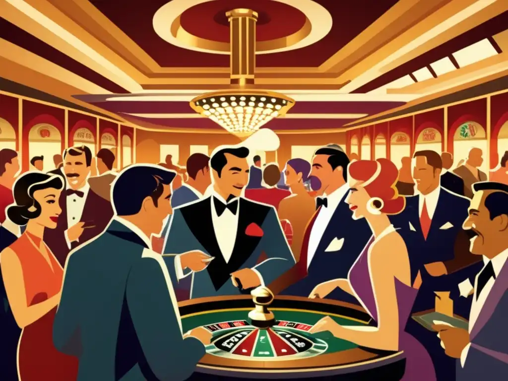 Un elegante casino vintage con gente disfrutando de juegos de azar, rodeado de elementos Art Deco y tonos cálidos. <b>Psicología juegos azar apuestas.