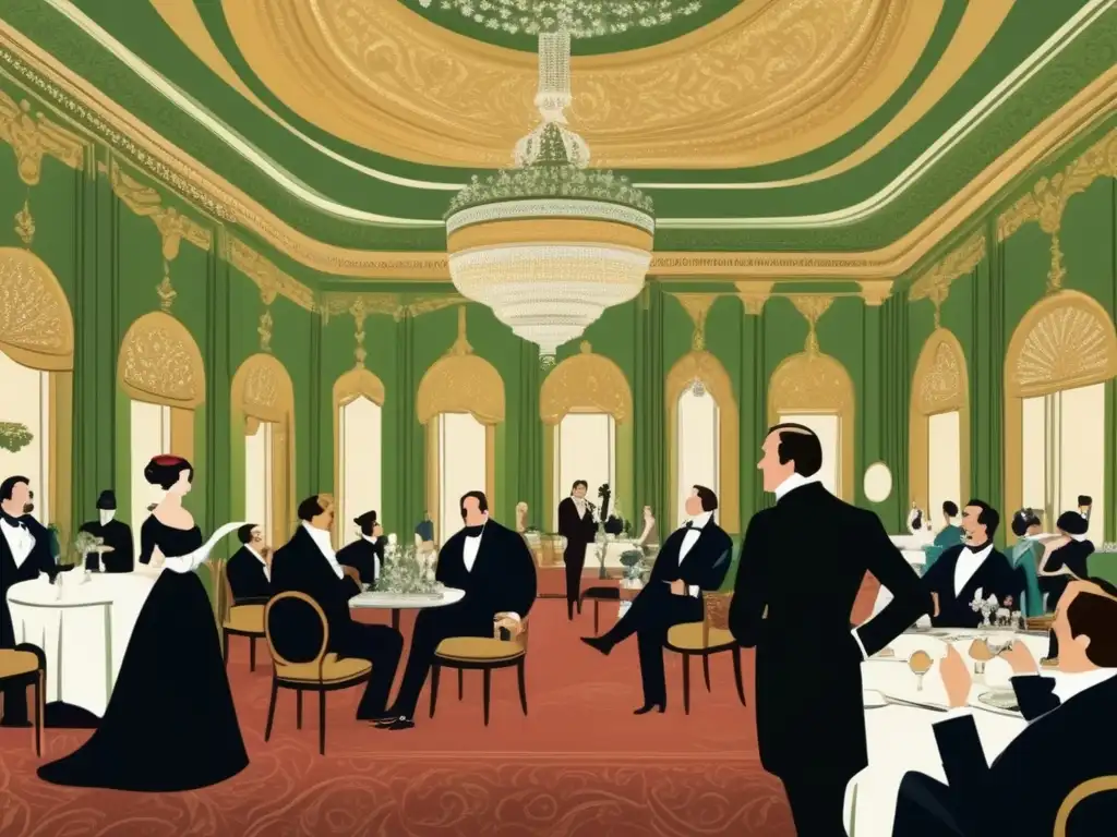 Elegante esgrima verbal en la obra de Oscar Wilde: un duelo verbal en un lujoso salón, con personajes y espectadores.