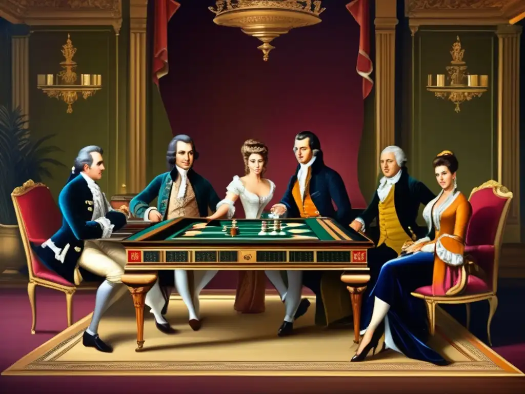 Un elegante grupo de aristócratas juega backgammon en un opulento escenario del siglo XVIII, evocando el ascenso aristocrático del backgammon.