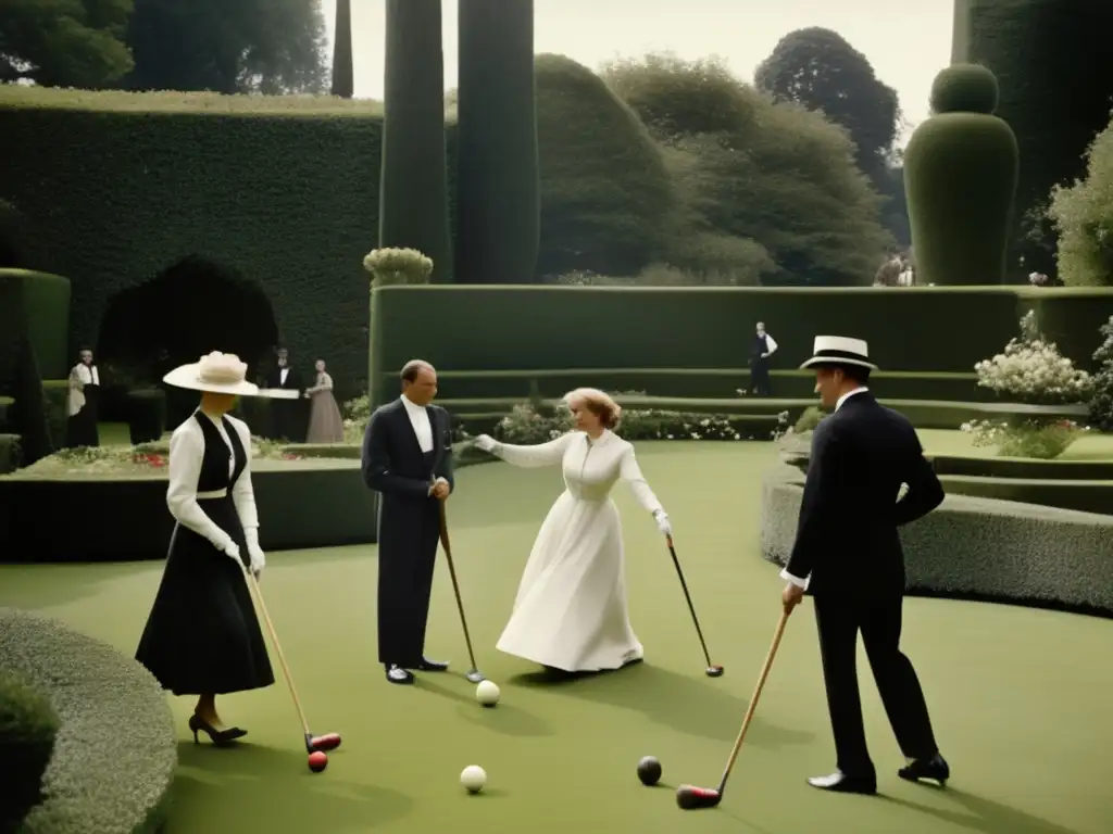 Un elegante grupo de hombres y mujeres juegan croquet en un exuberante jardín europeo, evocando la historia del croquet en Europa.