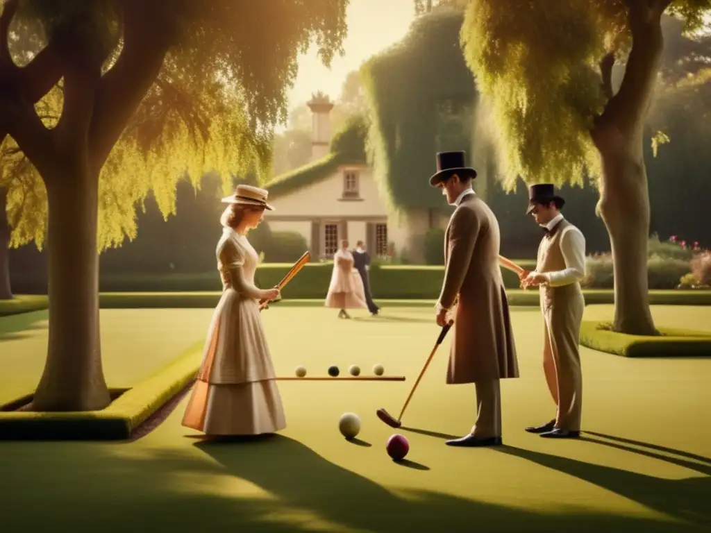 Un elegante partido de croquet en un jardín europeo evoca la historia del croquet en Europa con su atmósfera vintage y sofisticada.