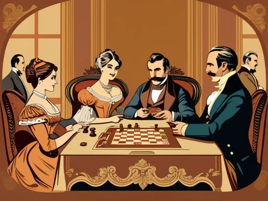 En una elegante reunión del siglo XIX, la importancia de los juegos de mesa en la sociabilidad se hace evidente.