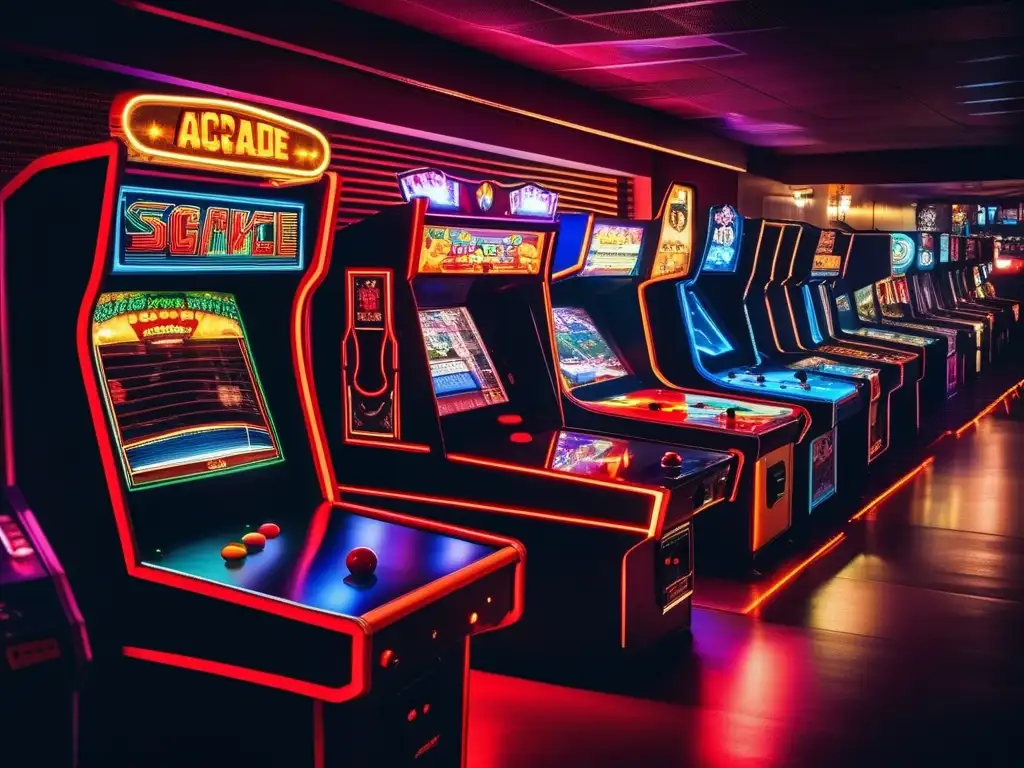 Un emocionante arcade vintage con jugadores compitiendo en máquinas retro, luces parpadeantes y música animada. <b>Captura la esencia de la evolución de la industria del juego.</b> <b>Comparativa plataformas juego nube rendimiento.