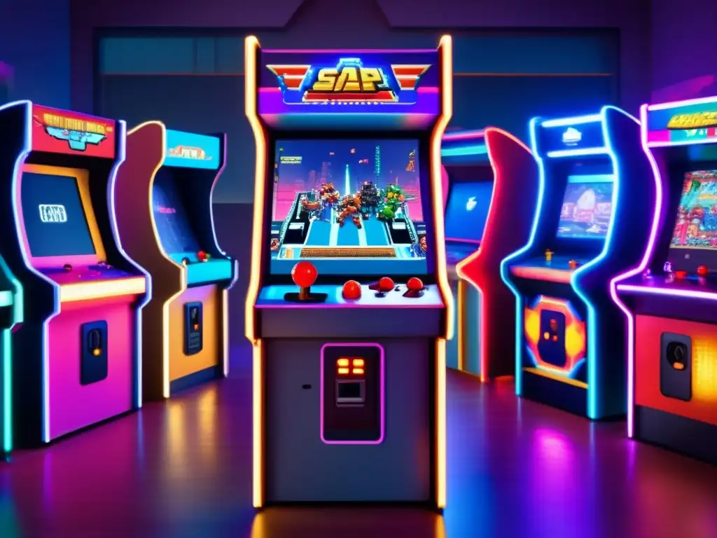 Un emocionante arcade vintage con personajes pixelados y luces vibrantes. <b>Avances IA videojuegos simulación.