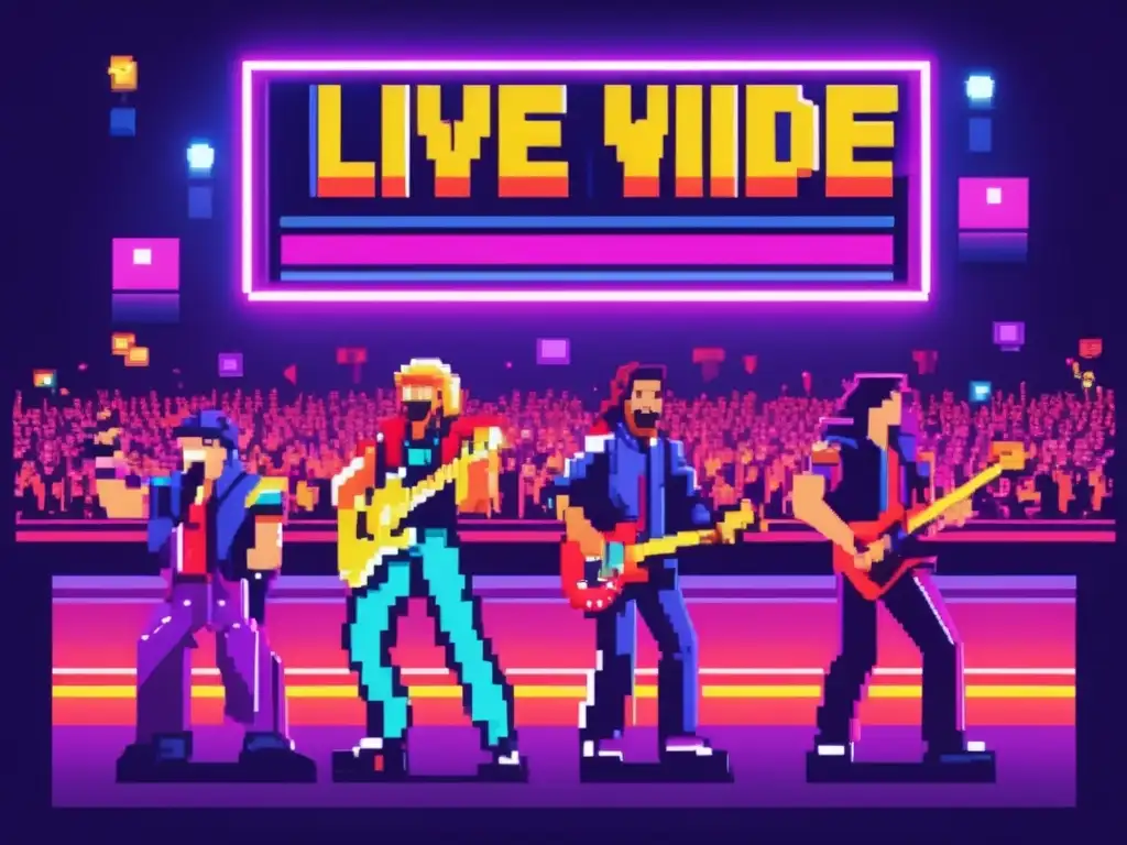 Un emocionante concierto de música de videojuegos en vivo cobra vida en un vibrante póster vintage con personajes icónicos en pixel art.