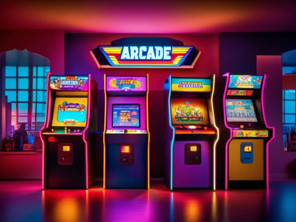 Un emocionante encuentro alrededor de una máquina arcade vintage con pantalla brillante, rodeada de nostalgia de la era dorada del gaming, evocando 'Infraestructuras de juego en la nube'.