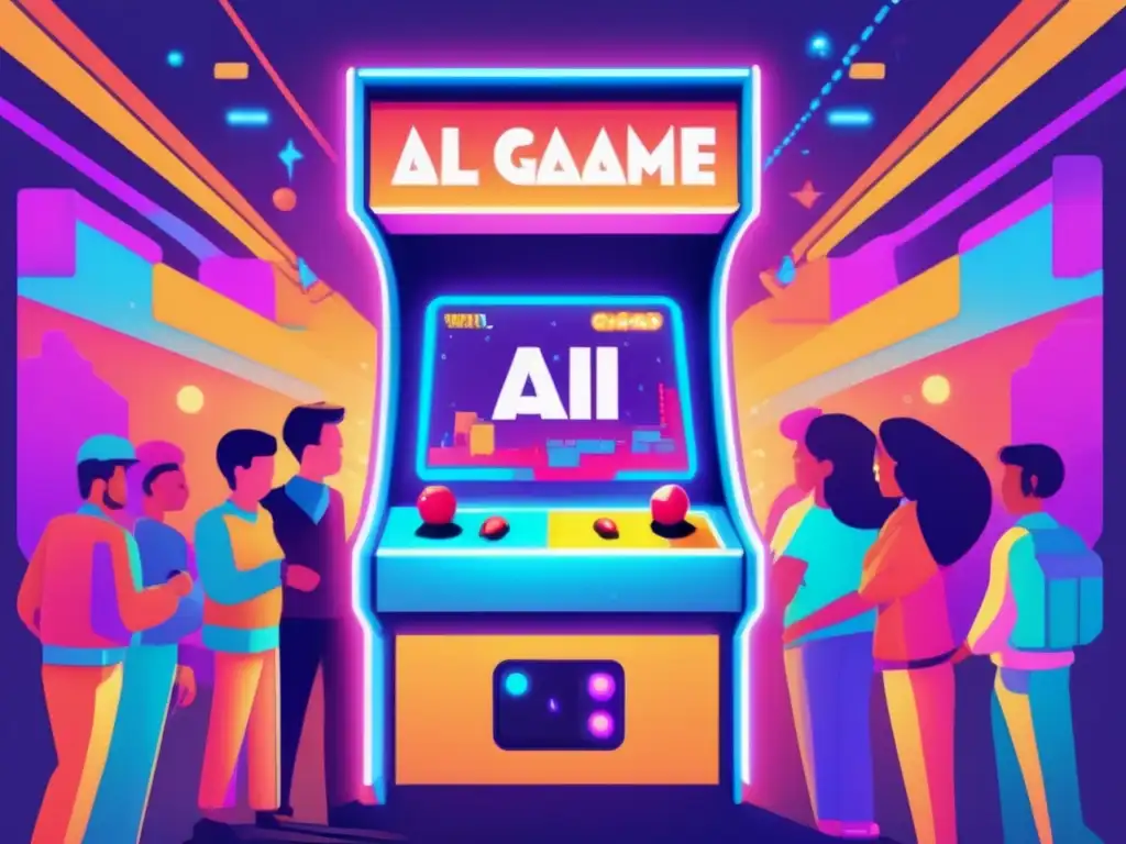 Multitud emocionada observa IA dominar juego retro Un emocionante escenario retro de videojuegos con inteligencia artificial aprendizaje profundo, personas entusiasmadas y gráficos vibrantes.