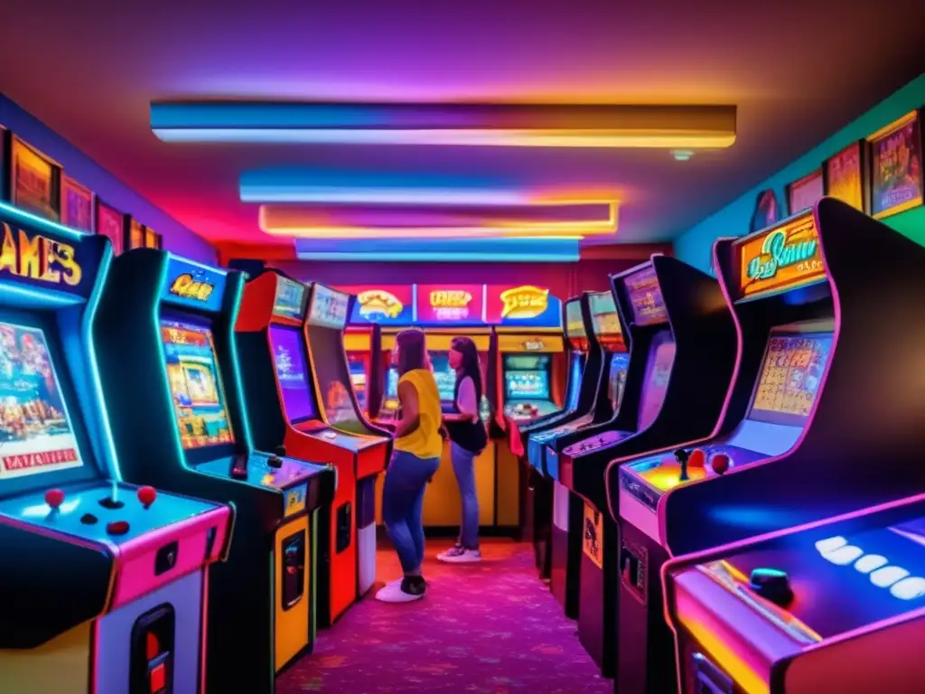 Un emocionante escenario vintage de arcade con máquinas retro, luces de neón y jóvenes jugando, evocando el impacto cultural de los juegos clásicos digitales.