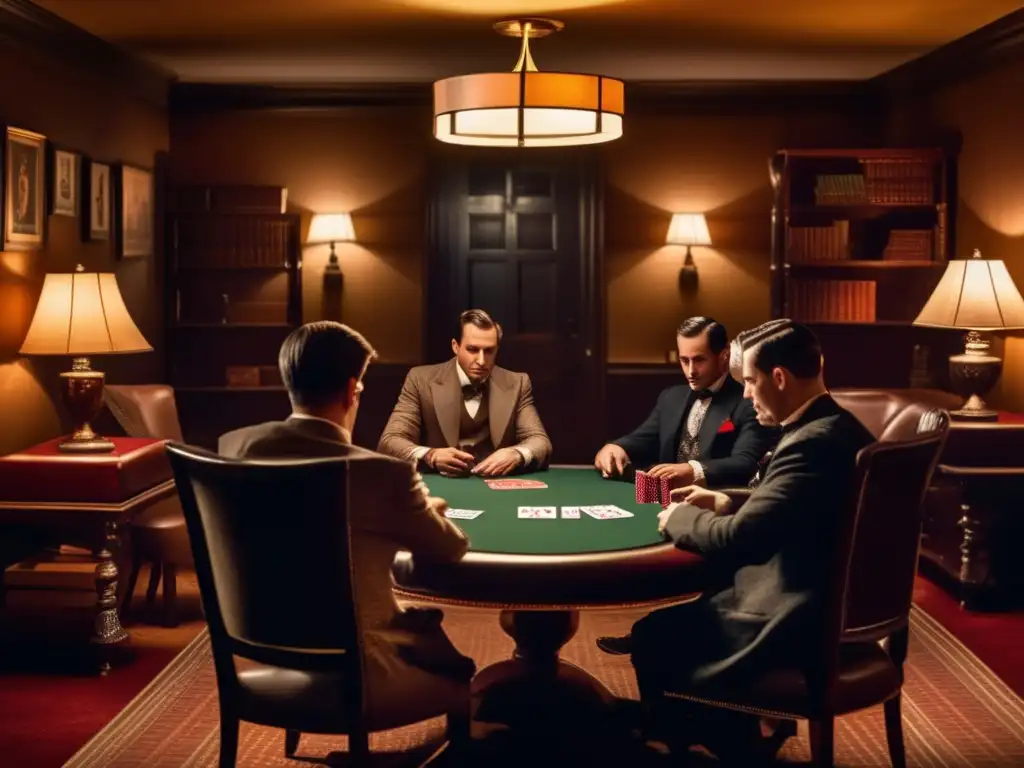 Un emocionante juego de cartas en un ambiente de los años 20, con iluminación tenue y suspenso en el aire. <b>Dinámica de juegos de cartas.