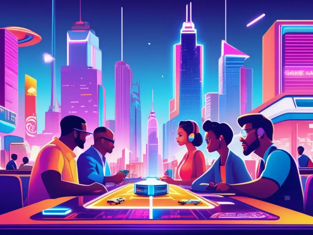 Un emocionante juego de estrategia con influencia de cultura pop en una ciudad futurista llena de colores vibrantes y detalles intrincados.