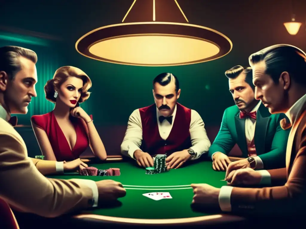 Un emocionante juego de póker en una habitación tenue, con personajes bien vestidos. <b>Refleja la psicología del póker en personajes.