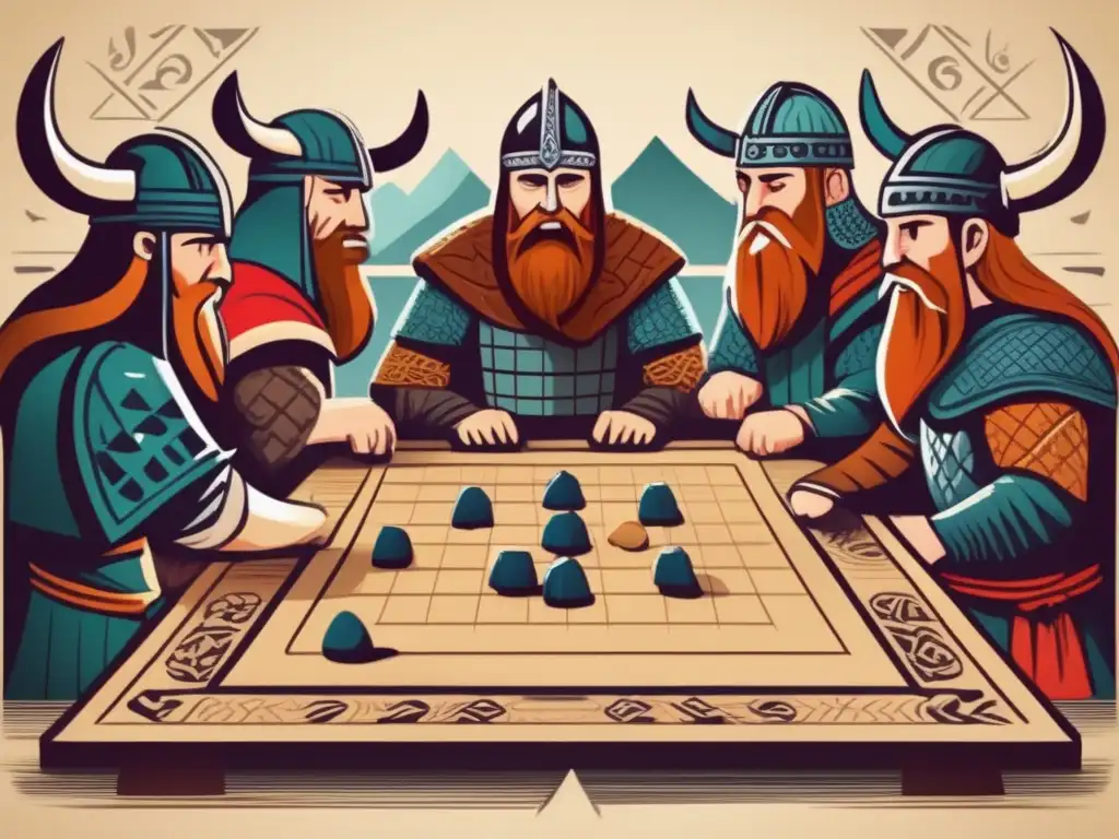 Un emocionante juego de Hnefatafl entre guerreros vikingos, con intrincadas tallas y expresiones intensas. <b>Juegos y deportes de la era vikinga.
